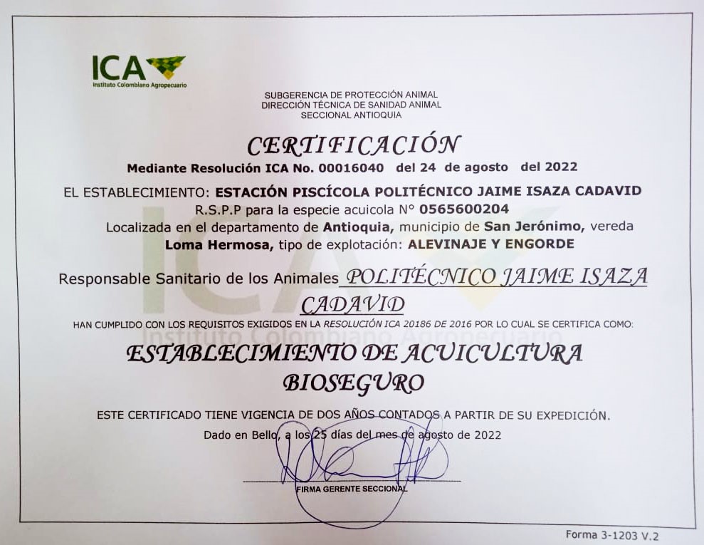 Certificado de Bioseguridad Granja John Jairo González en San Jerónimo