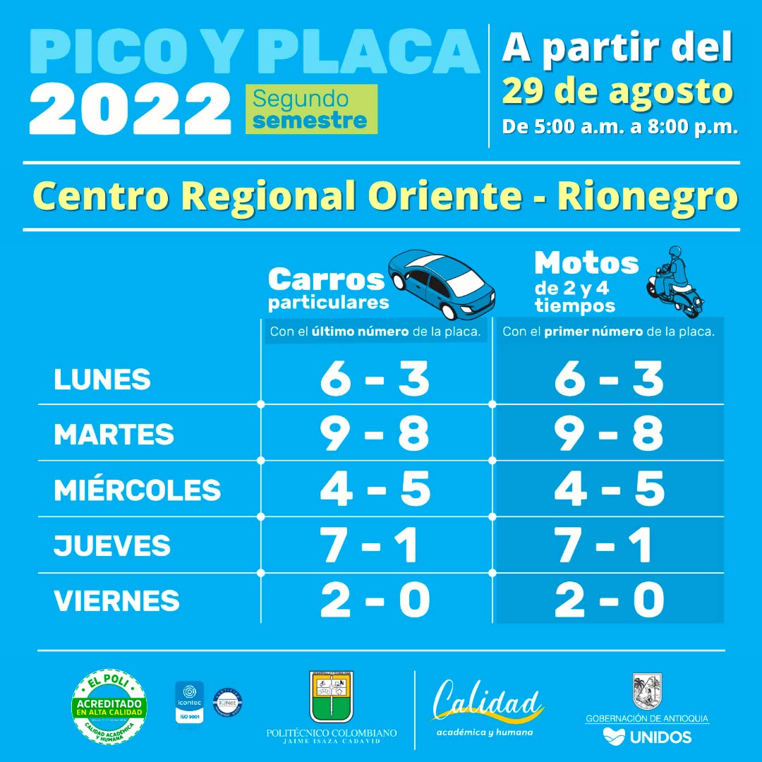Número del Pico y Placa Centro Regional Oriente
