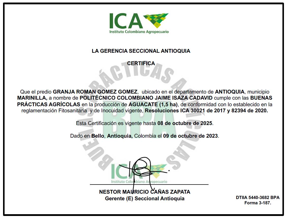 Certificado ICA Granja Marinilla