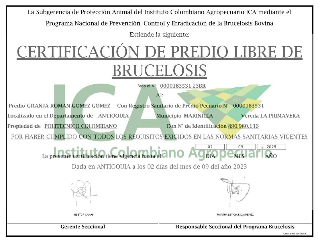 Certificación de predio libre de Brucelosis Marinilla