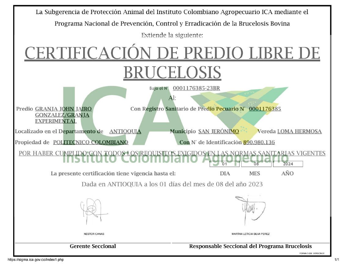 Certificación de predio libre de Brucelosis San Jerónimo