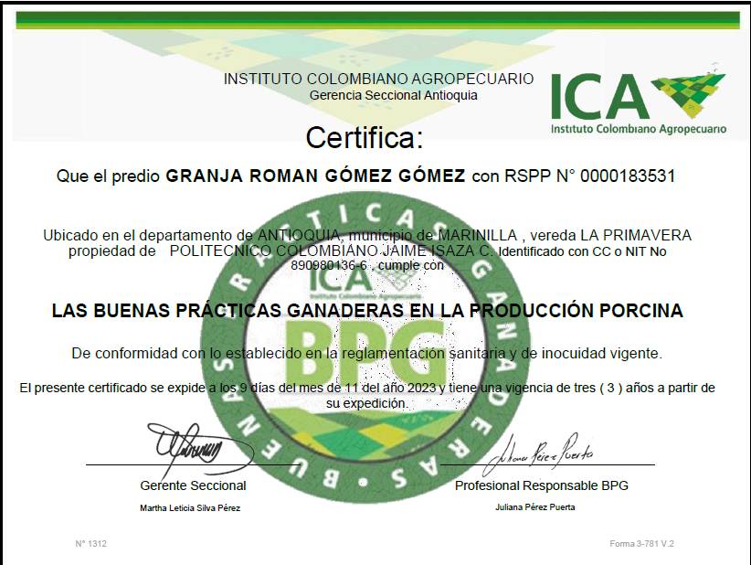 Certificado ICA Granja Román Gómez Gómez