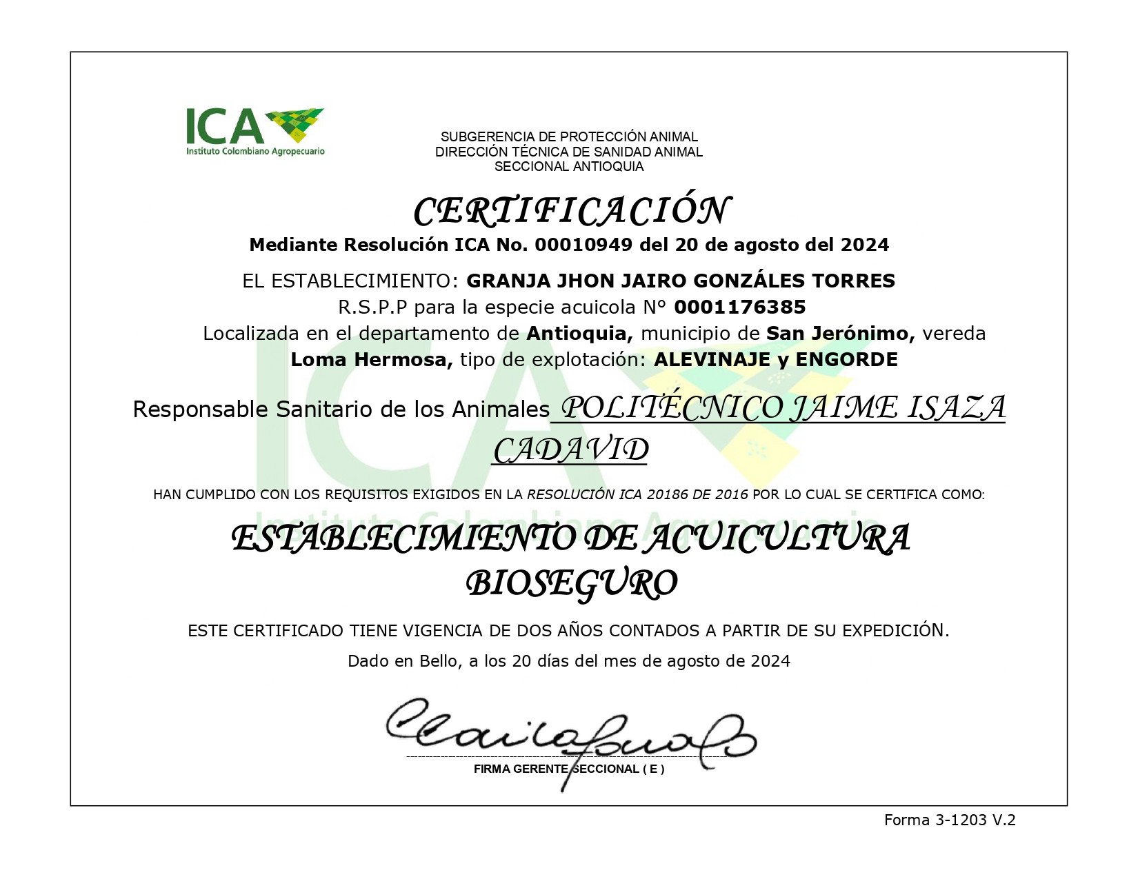 Certificado Establecimiento Bioseguro