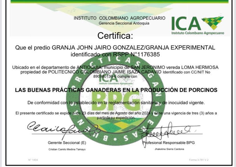 Certificado Buenas Prácticas Producción Porcina