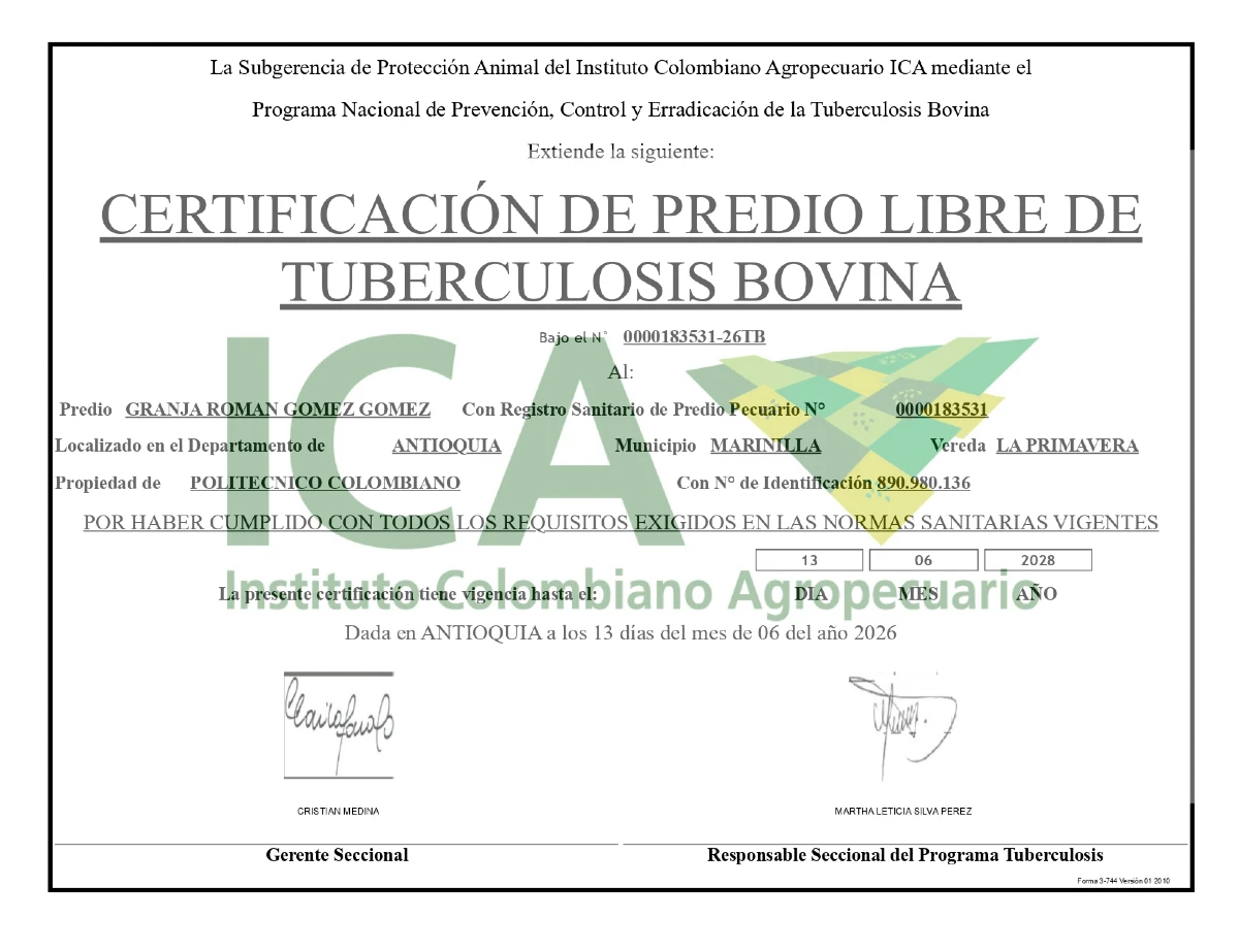 Certificado predio libre de tuberculosis bovina